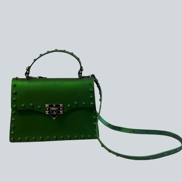 Green Studded Jelly Satchel Top Handle Crossbody Bag Rivet Lock Y2K - Picture 15 of 16